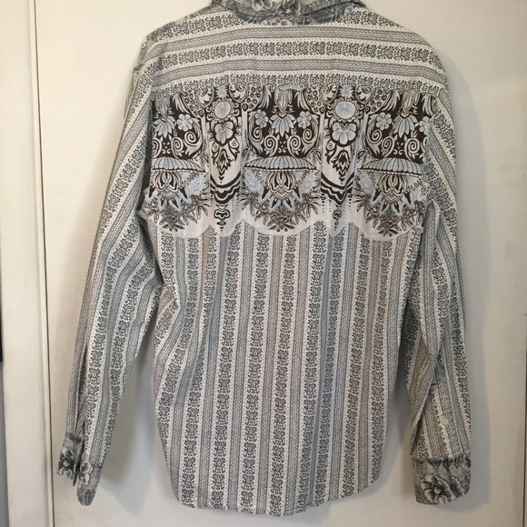 Western Floral Button Up Slate Blue on Soft White -Medium- 100% Cotton - Picture 2 of 8